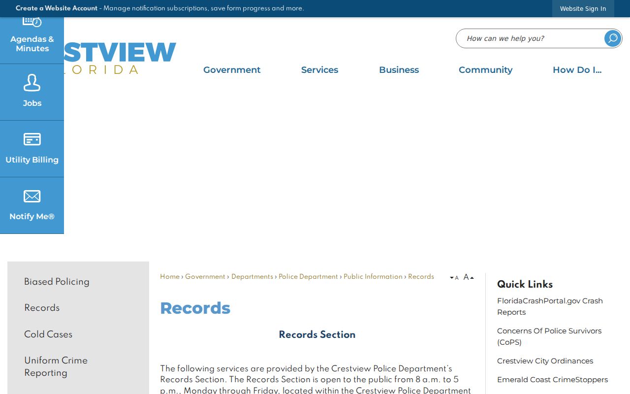 Crestview criminal record request fees and records counter