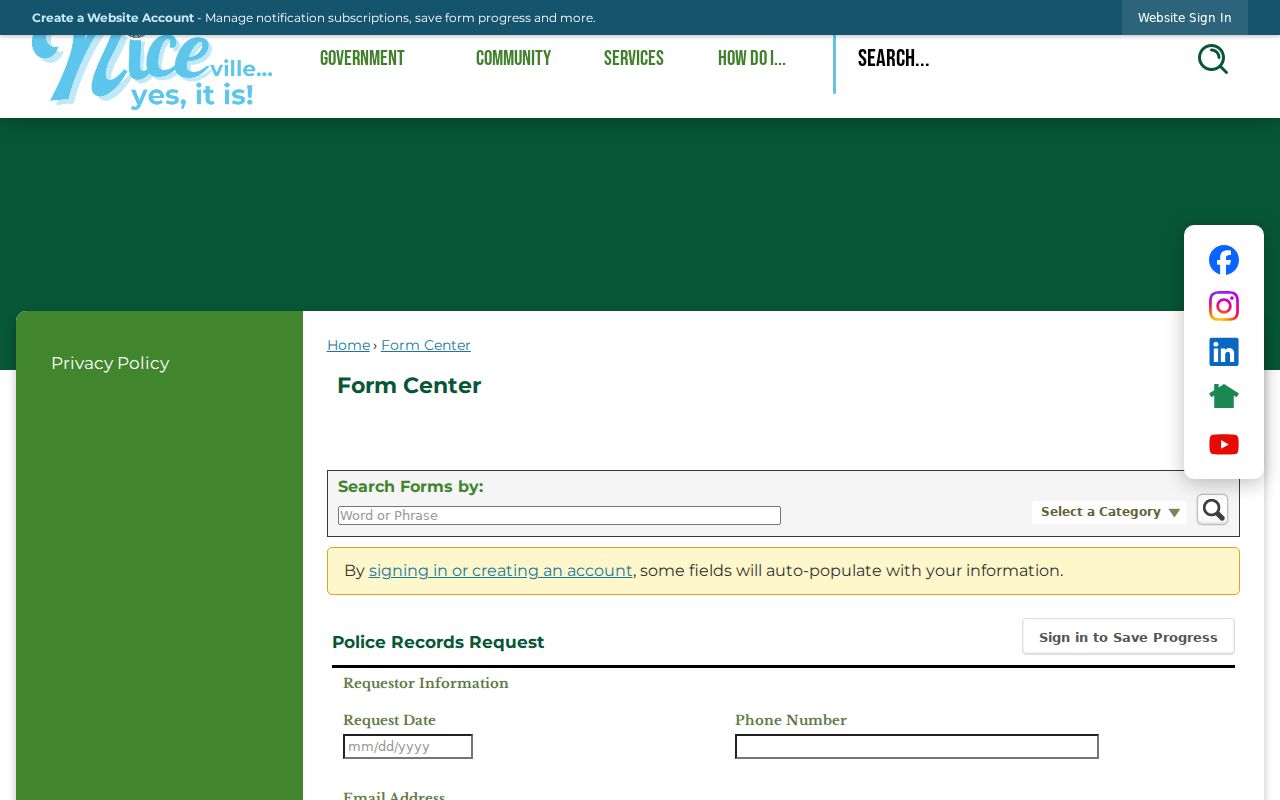 Niceville criminal record request form and optional requester fields