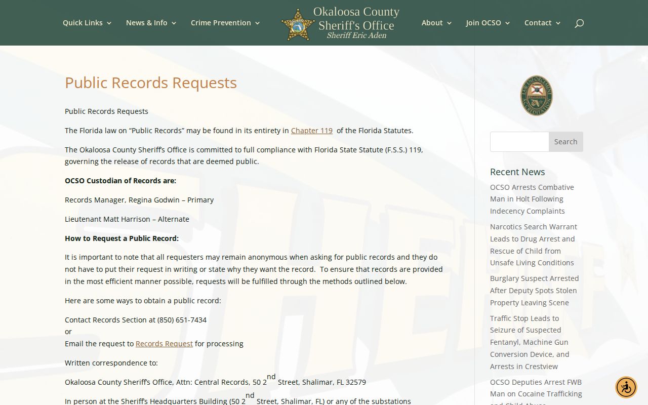 Okaloosa County arrest report public records request