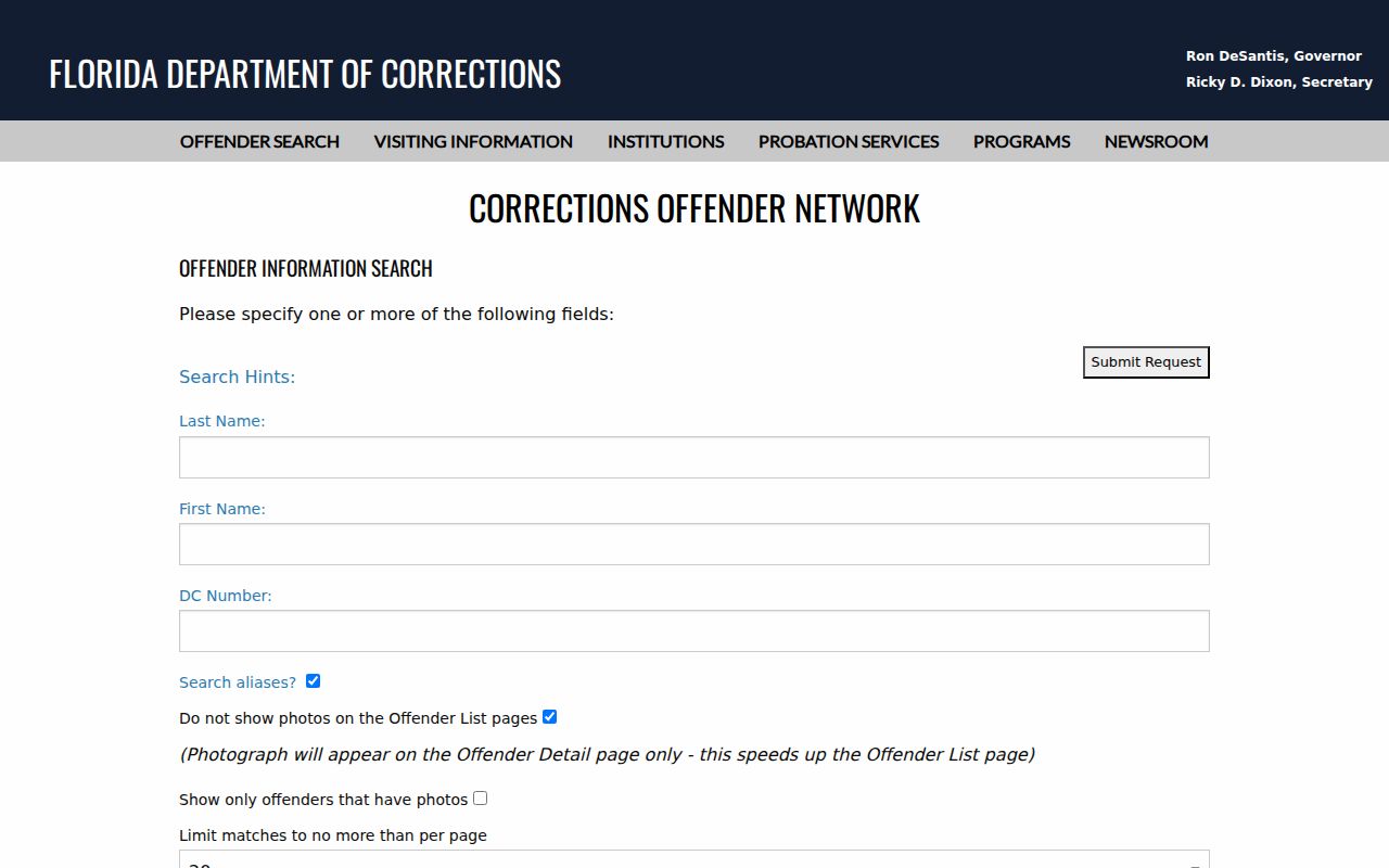 Florida Department of Corrections offender search for state custody records