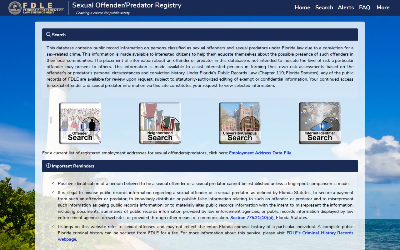 FDLE registry disclaimer and data scope for Okaloosa County