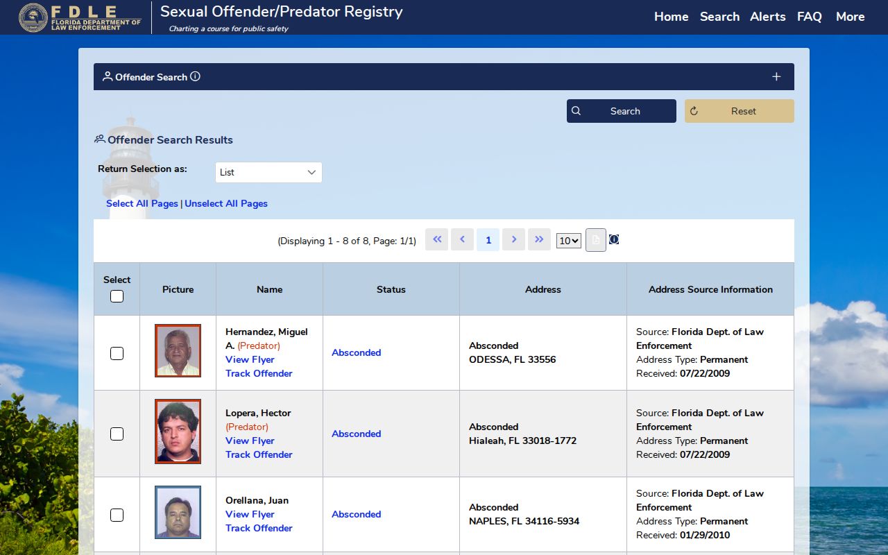 Expanded FDLE offender search fields for Okaloosa County