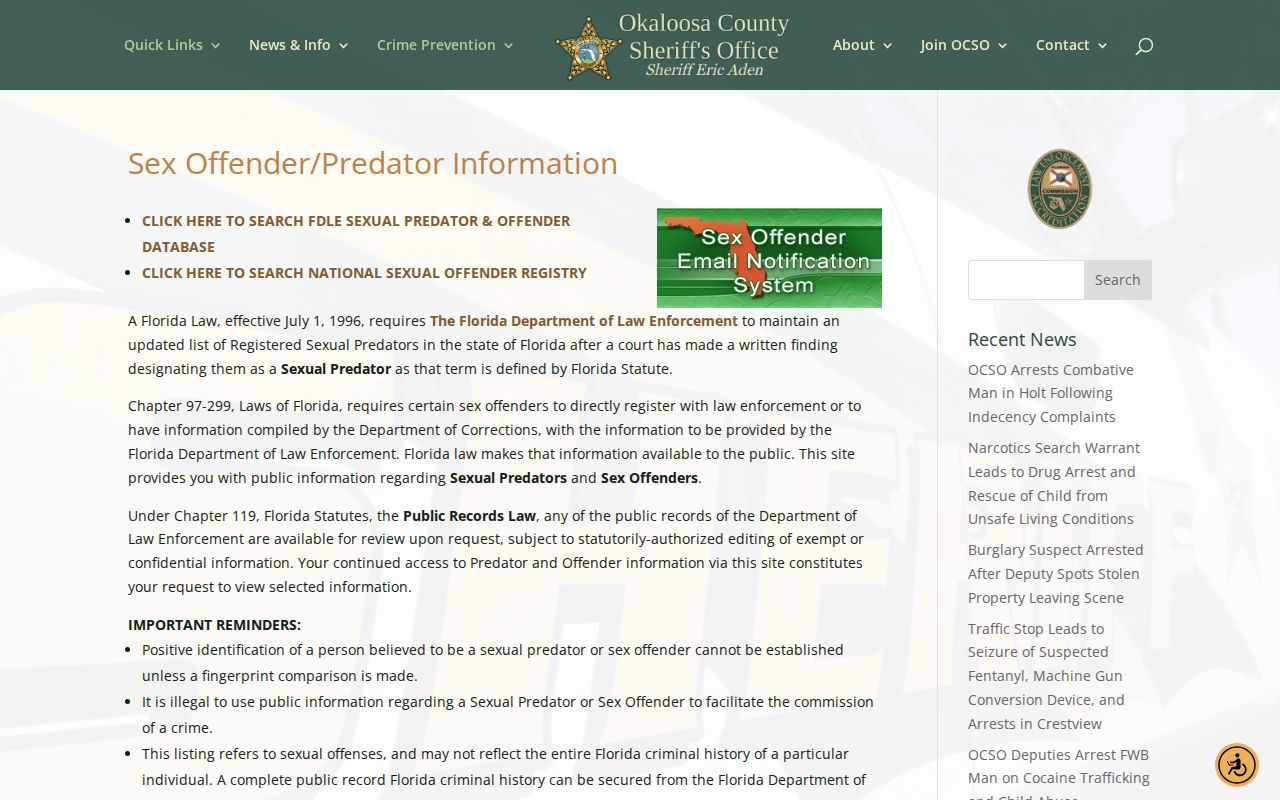 Okaloosa County Sheriff's Office sex offender and predator guidance